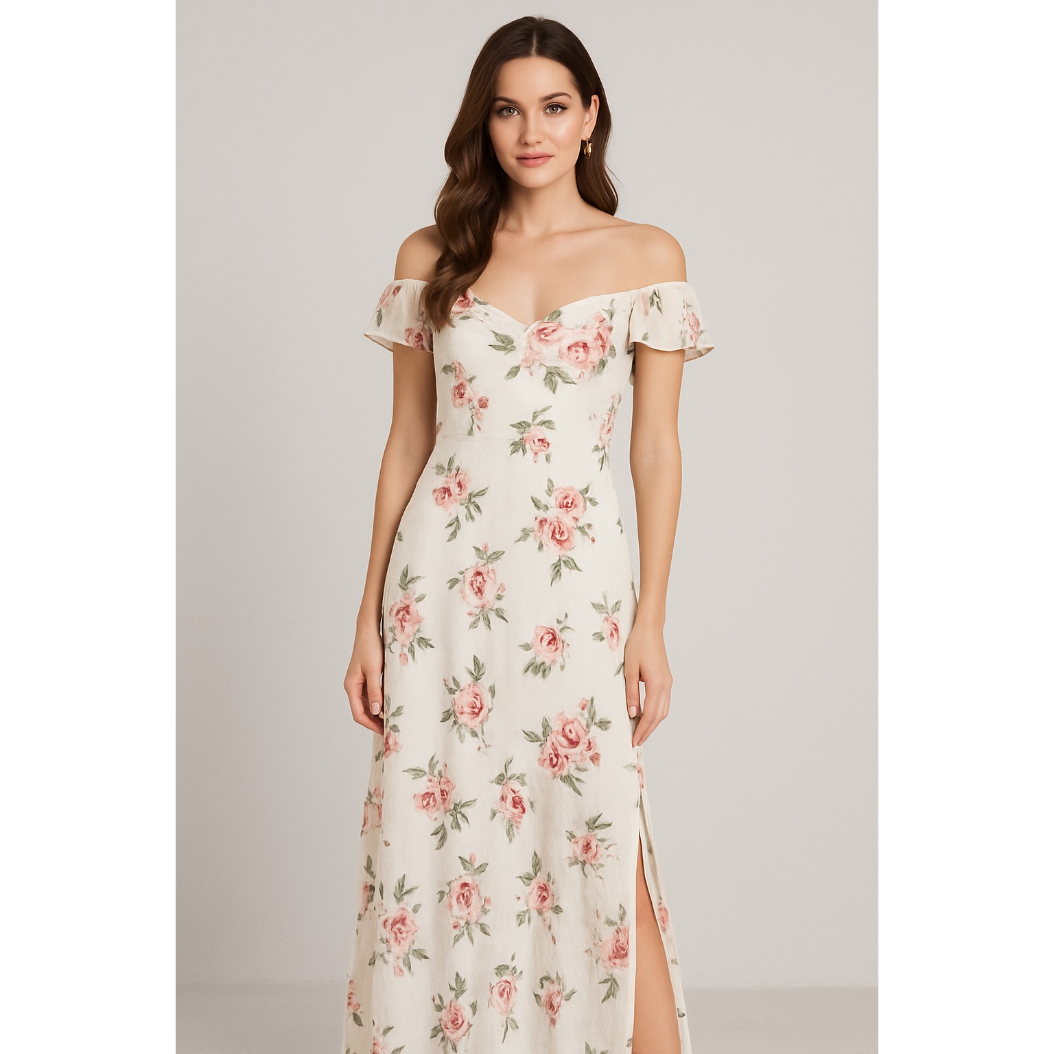 Floral Babydoll Maxi Dress Womens M Ivory Cottagecore Gauze Sexy Romantic Empire